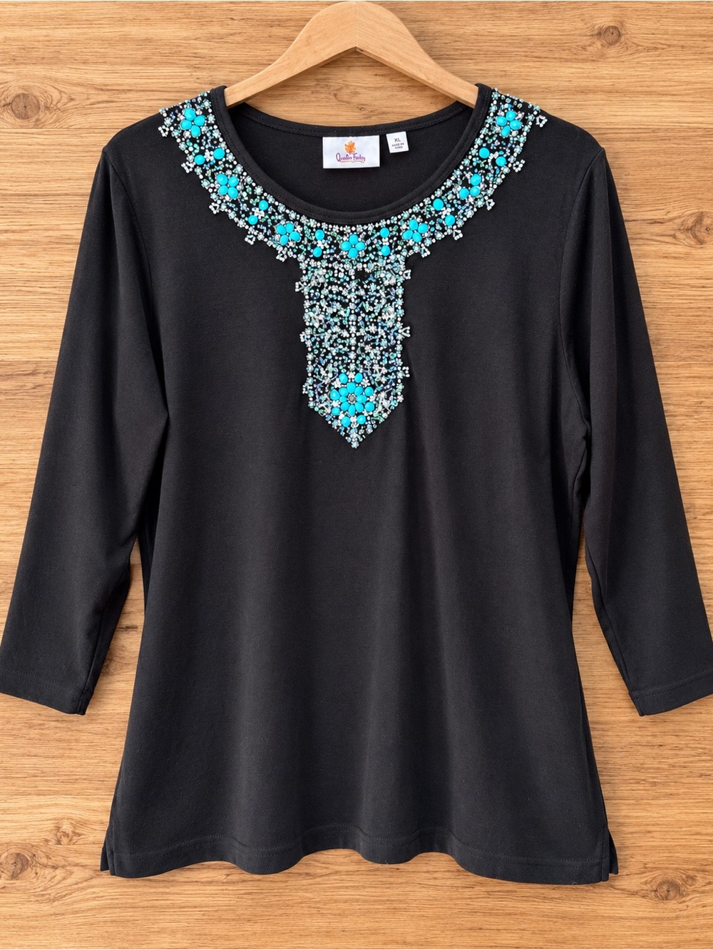 Quacker Factory XL Black Solid 3/4 Sleeve Top Blue Beaded Sequin Round Neck